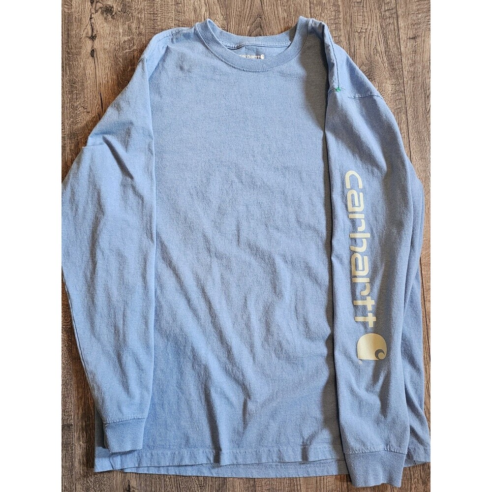 Carhartt Heavyweight T-Shirt Mens Large Blue Pocket Logo Long Sleeve Workwear